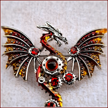 "Steampunk-Drache" in Rot - Brosche & Kettenanhänger - 2 in 1