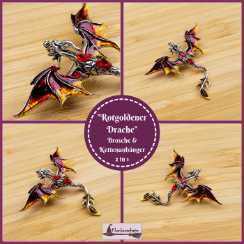 „Fliegender Drache in Rot-Gold“ - Brosche & Kettenanhänger - 2 in 1