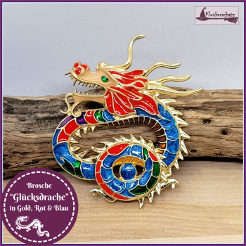 Brosche "Chinesischer Glücksdrache" in Gold, Rot & Blau