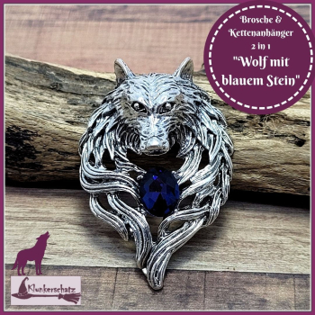 "Wolf mit blauem Stein" - Brosche & Kettenanhänger - 2 in 1