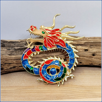 Brosche "Chinesischer Glücksdrache" in Gold, Rot & Blau