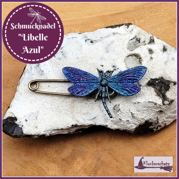 Schmuck-, Gewand- oder Kiltnadel "Libelle Azul", handbemalt, im Vintage-Style - Unikat!