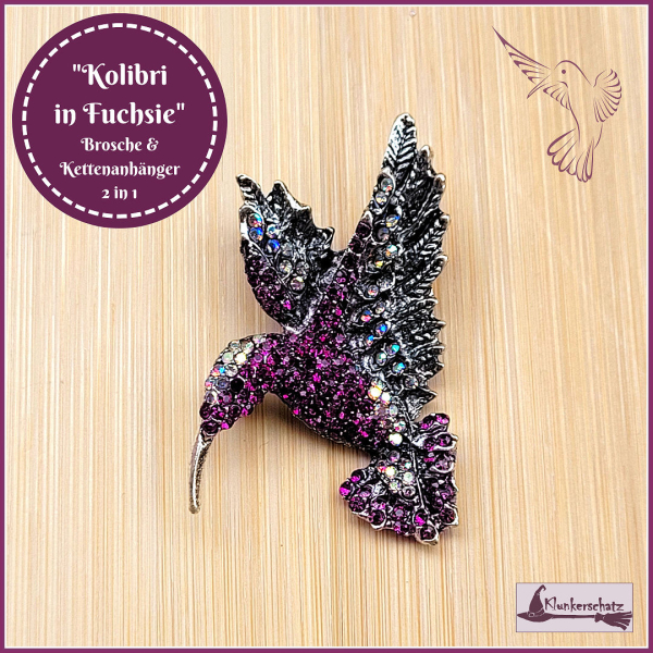 „Kolibri in Fuchsie“ – Brosche & Kettenanhänger – 2 in 1