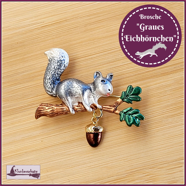 „Graues Eichhörnchen“ - Brosche und Kettenanhänger – 2 in 1