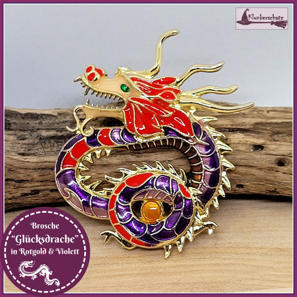 Brosche "Chinesischer Glücksdrache in Rotgold & Violett"