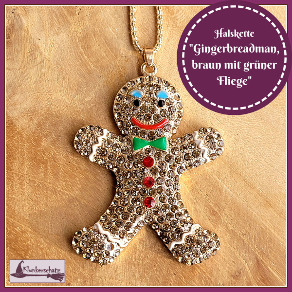 Halskette "Gingerbread Man, braun mit grüner Fliege" - 71 cm