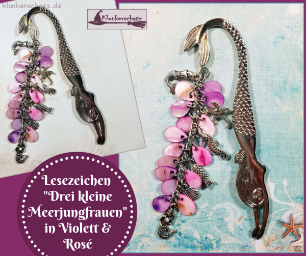 Lesezeichen - "Drei kleine Meerjungfrauen in Violett & Rosé" - Unikat!