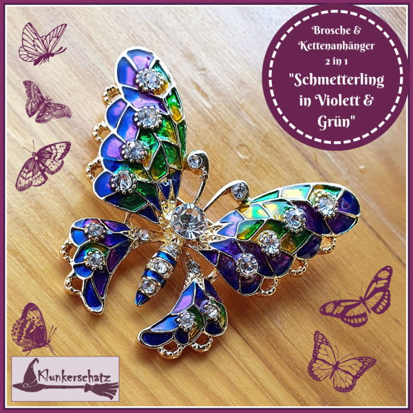 "Schmetterling in Violett & Grün" - Brosche & Kettenanhänger - 2 in 1