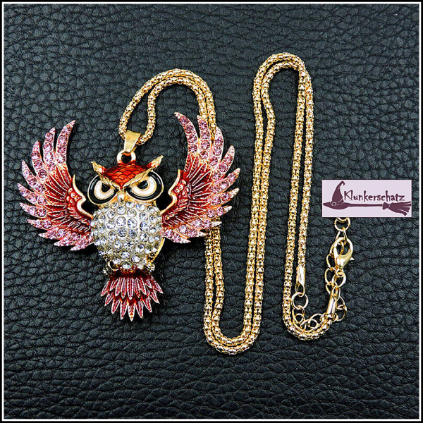 Halskette "Fliegende Eule" in Rosarot - 72 cm - Einzelstück