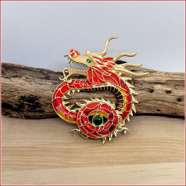 Brosche "Chinesischer Glücksdrache" in Rot & Gold