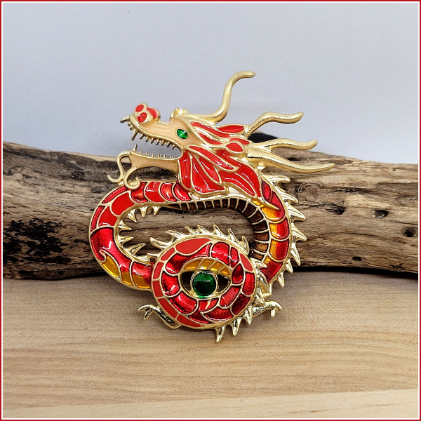 Brosche "Chinesischer Glücksdrache" in Rot & Gold