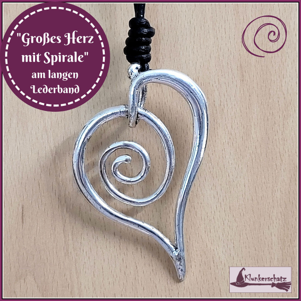 "Großes Herz mit Spirale" an langem Lederband