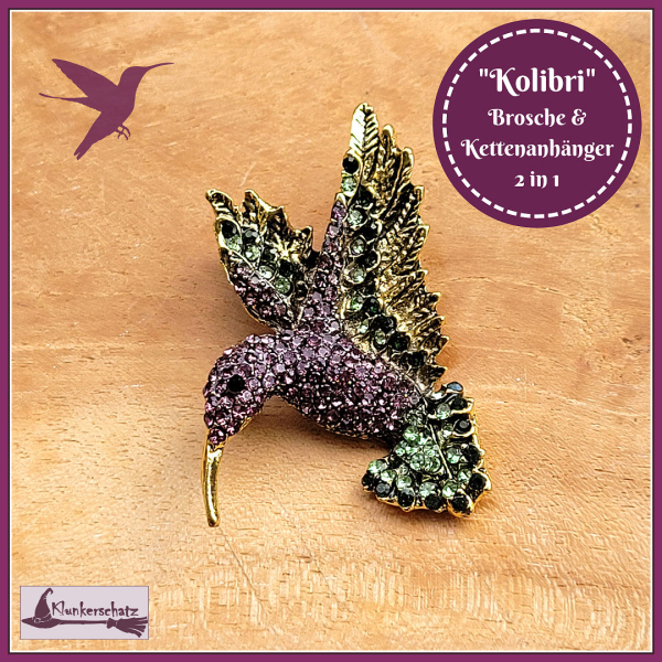 "Kolibri" in Aubergine & Grün  - Brosche & Kettenanhänger - 2 in 1 - Einzelstück