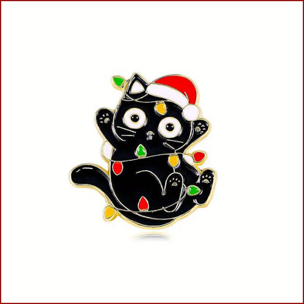 Pin "Schwarze Weihnachtskatze mit Lichterkette"